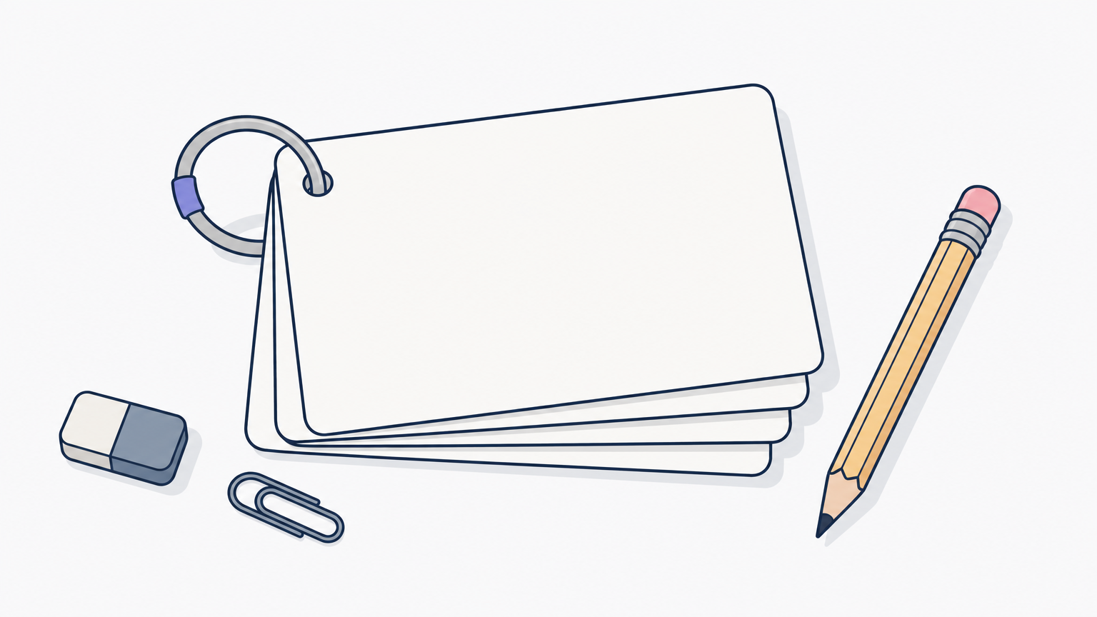 A stack of five blank index cards on a key ring, with a pencil resting beside them on a table.