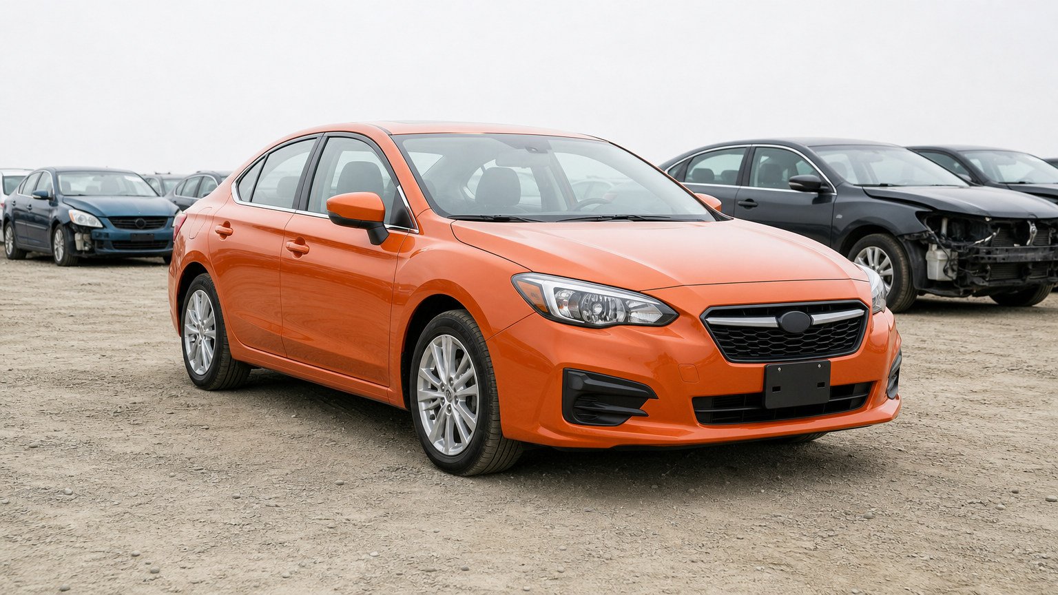 A complete, non-running sedan with all its wheels and body panels sits in a salvage yard among other used cars.
