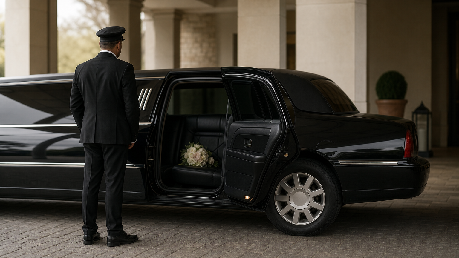 A long black limousine with its rear door open and a chauffeur waiting at a banquet hall entrance.