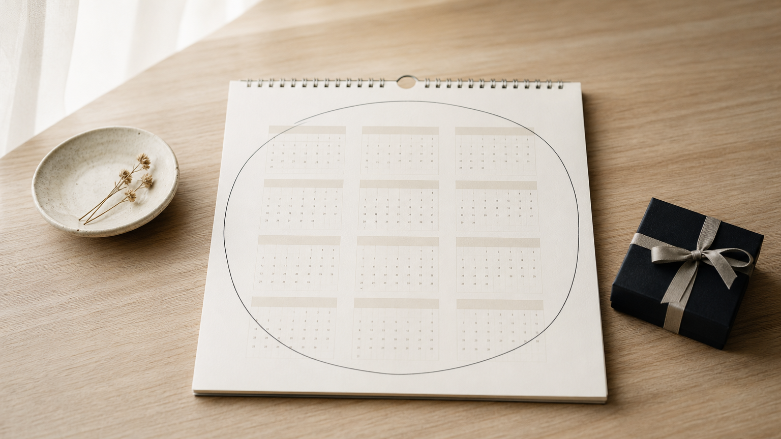 An open wall calendar with a full year circled, and a closed gift box beside it.