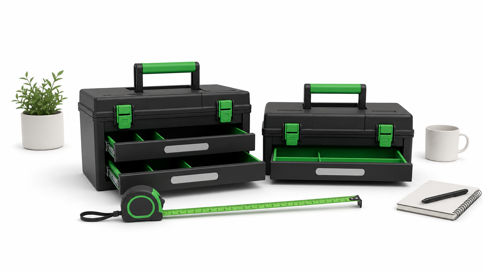 Two toolboxes sit side by side on a table, one with two open drawers and one with a single tray.