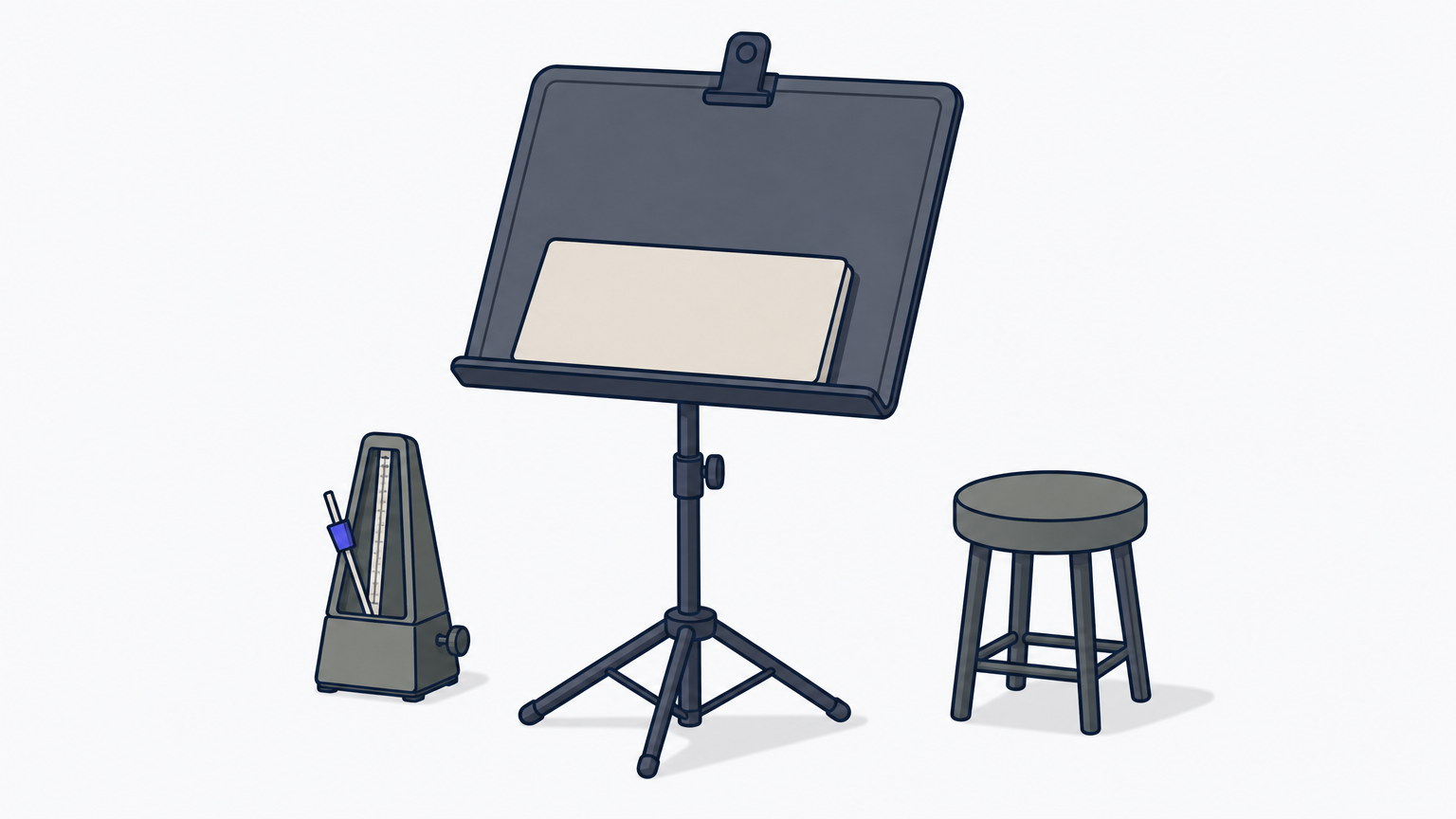A music stand with its sheet turned face down, beside a metronome.
