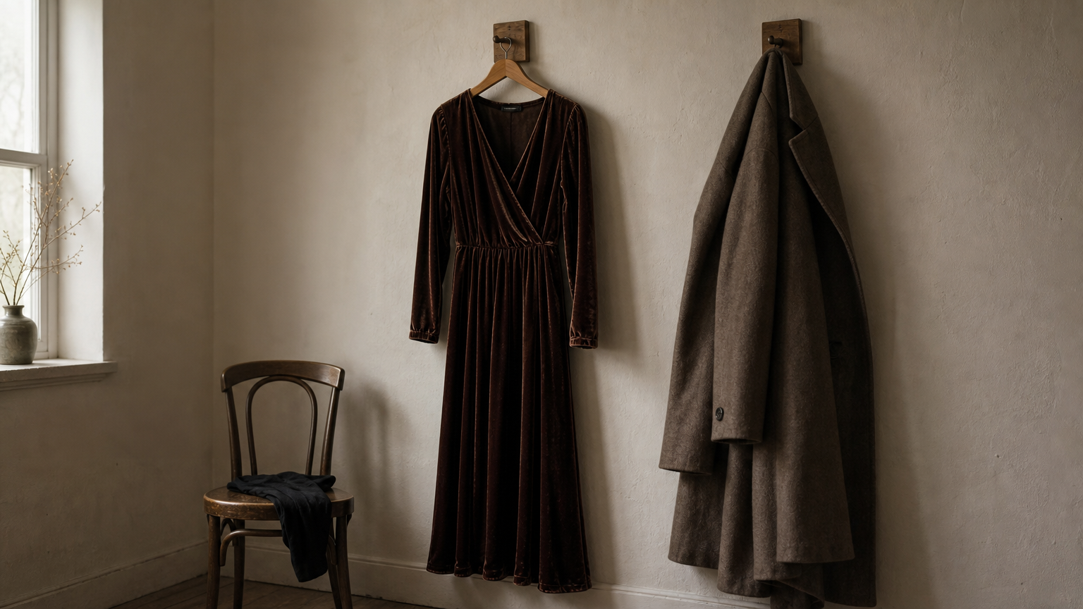 A velvet dress and a long wool coat hang on hooks, with folded tights on a chair beneath them.