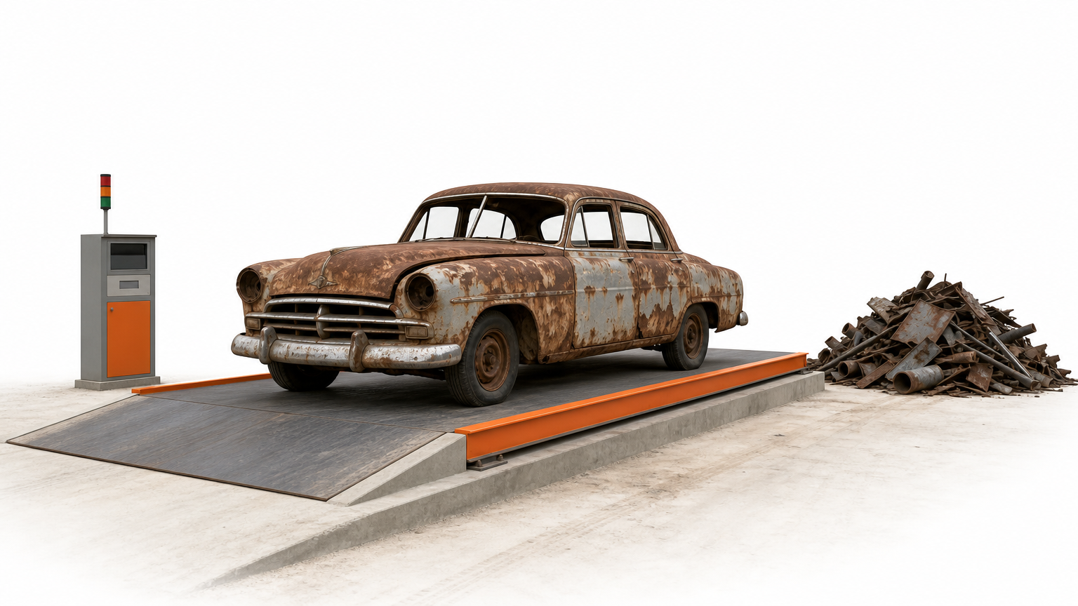 A rusted old car sits on a large industrial truck scale beside a pile of loose scrap metal.