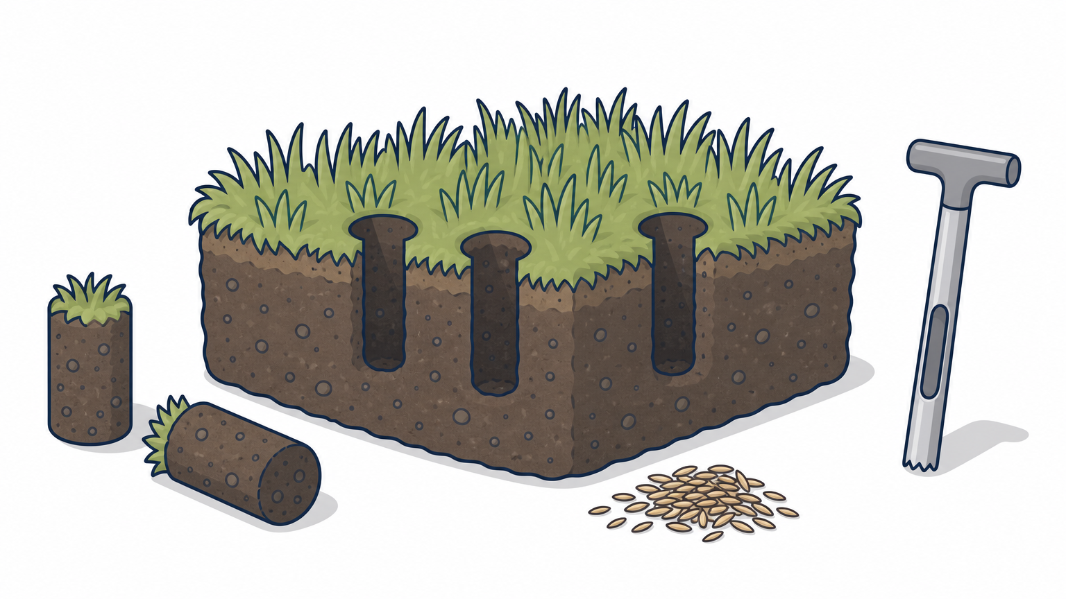Small soil plugs lie beside seed and an aerator tine on a patch of lawn.