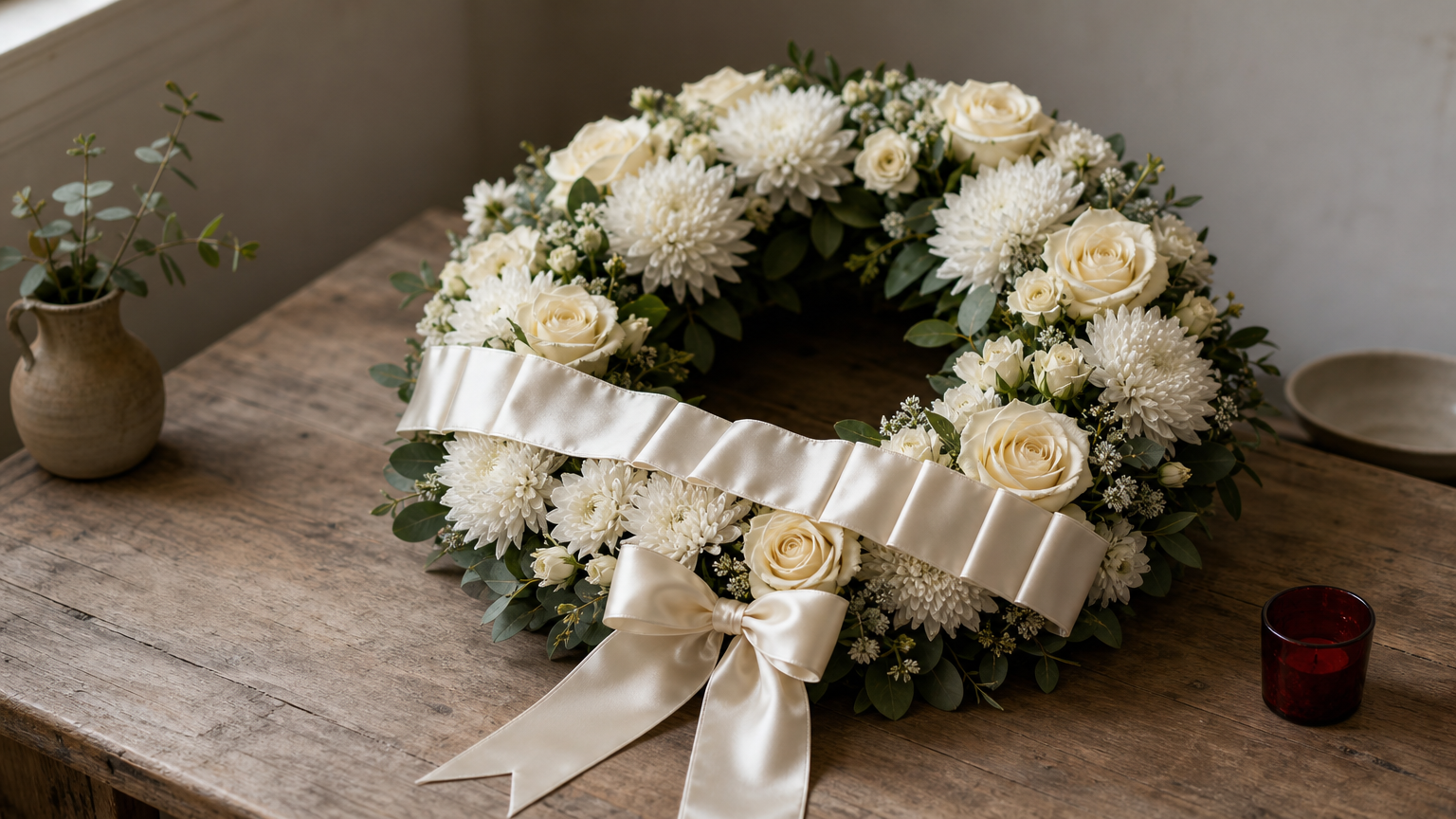 Funeral Wreath With Ribbon A round wreath of flowers with a pleated satin sash draped across its front and a bow at the base.