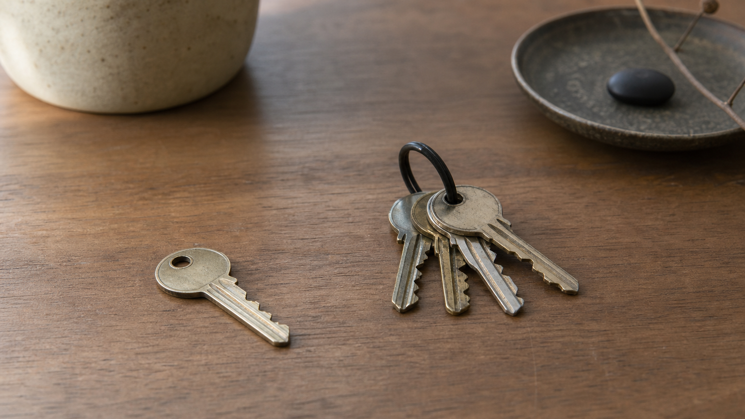 A lone key sits apart from a key ring holding four keys, showing one person versus a household.