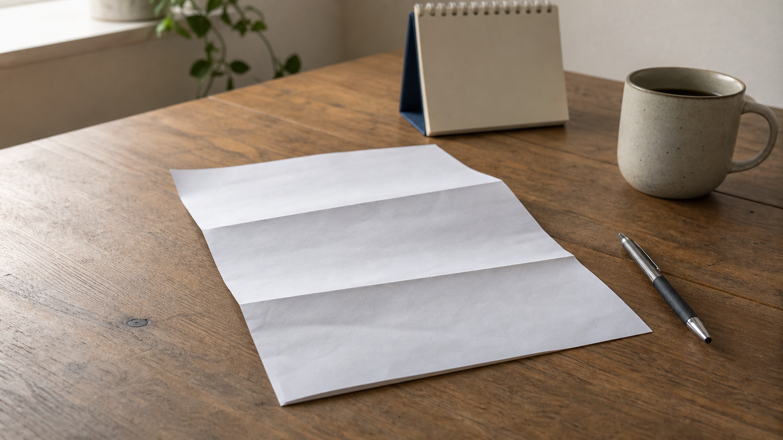 A folded court summons lies on a table next to a pen, calendar, and mug.