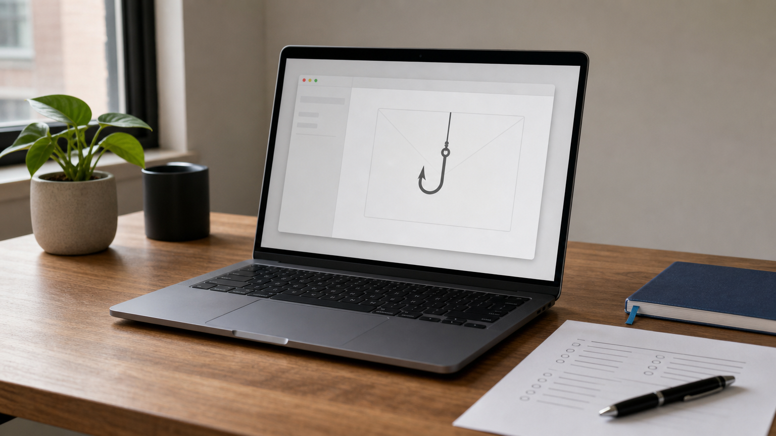 A laptop showing a suspicious email window, beside a printed quiz sheet and a pen on an office desk.