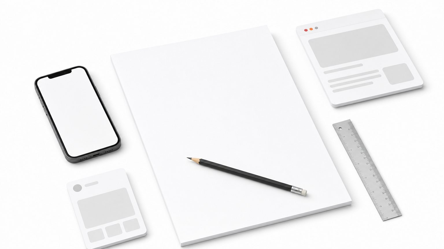 A sheet of paper with a pencil across it sits on a desk beside a smartphone and a ruler.