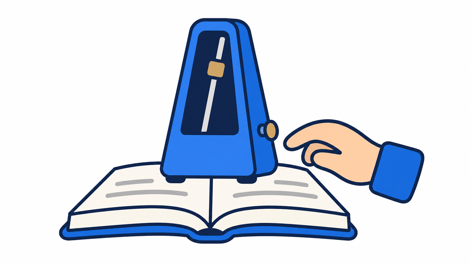 A metronome standing on an open book with a hand resting beside it.