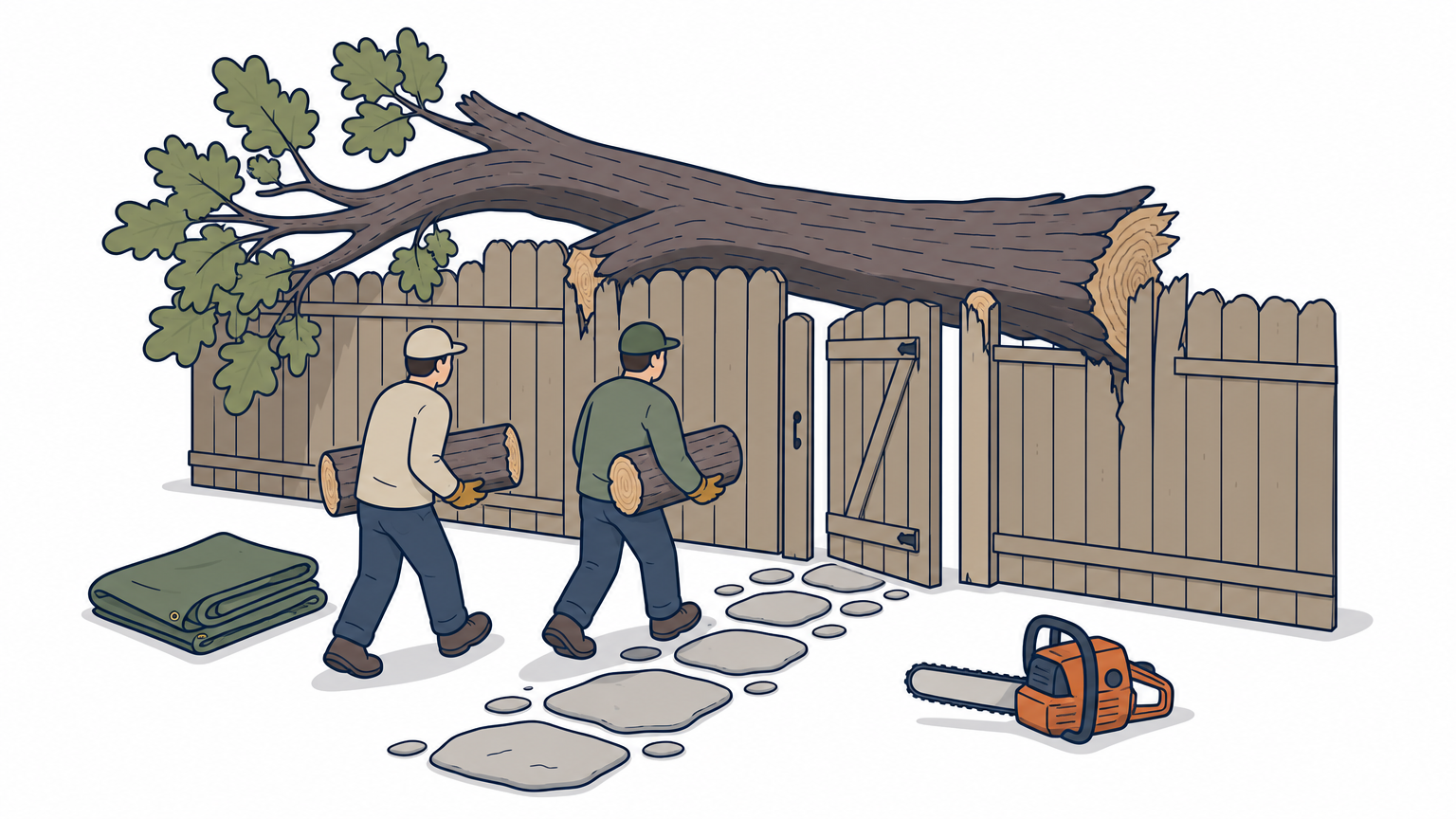 A fallen oak trunk lies across a fence while workers carry cut logs along a narrow path to a side gate.