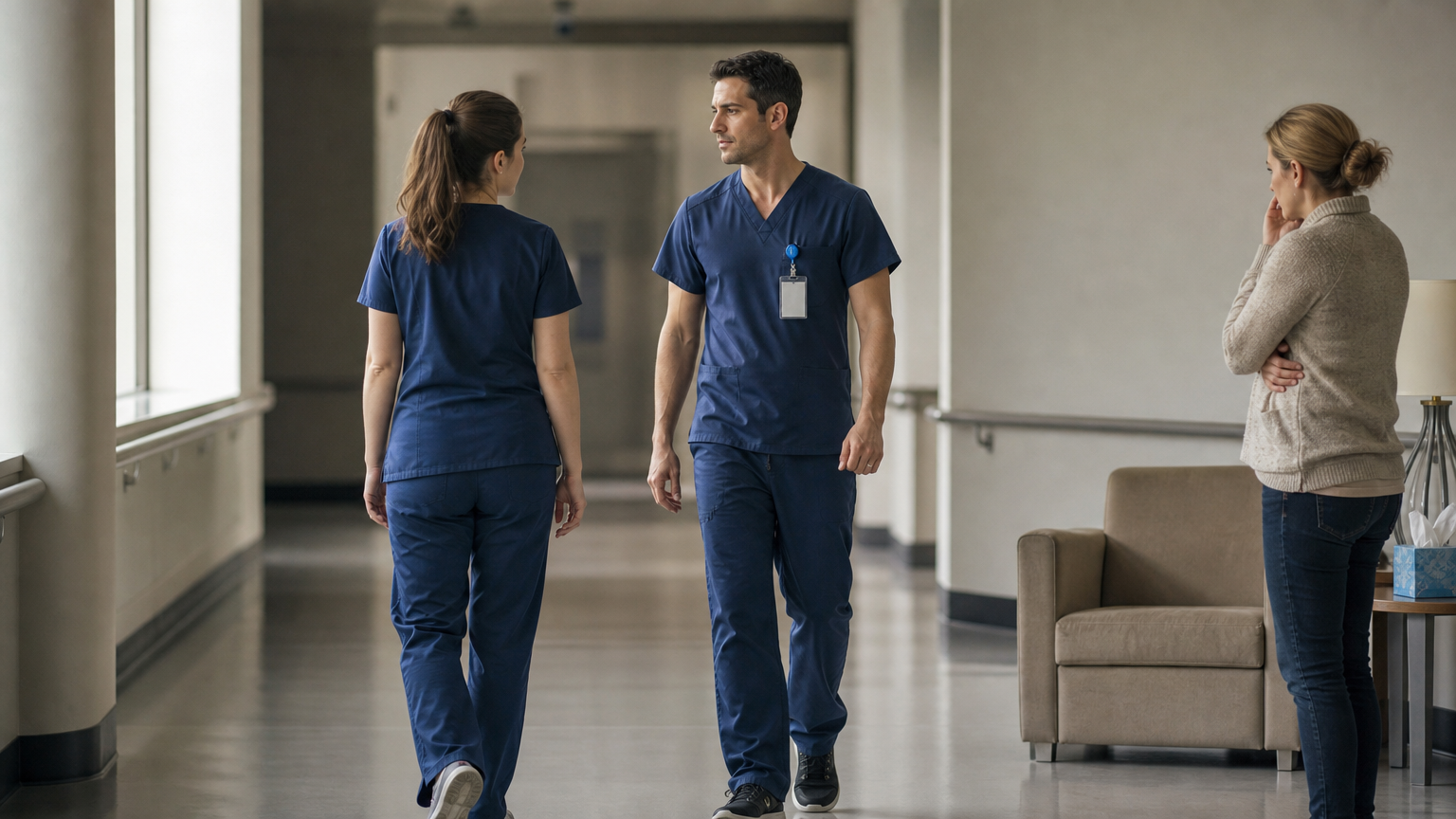 A nurse and a respiratory therapist in scrubs meet in a hospital hallway while a family member watches.