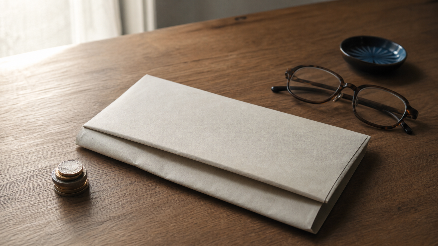 Coins sit beside a folded tax envelope and reading glasses on a desk.