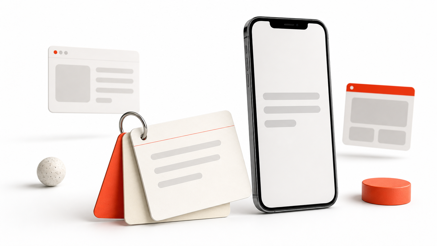 Three index cards tied with a key ring lie beside an upright smartphone on a table.