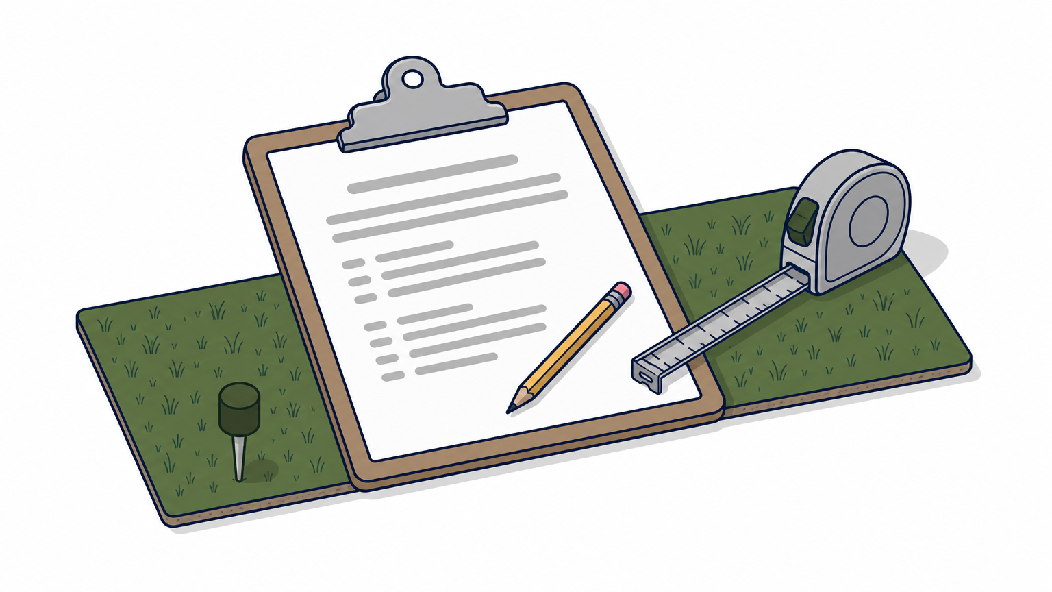 A clipboard with a quote sheet and measuring tape lie across a strip of lawn.