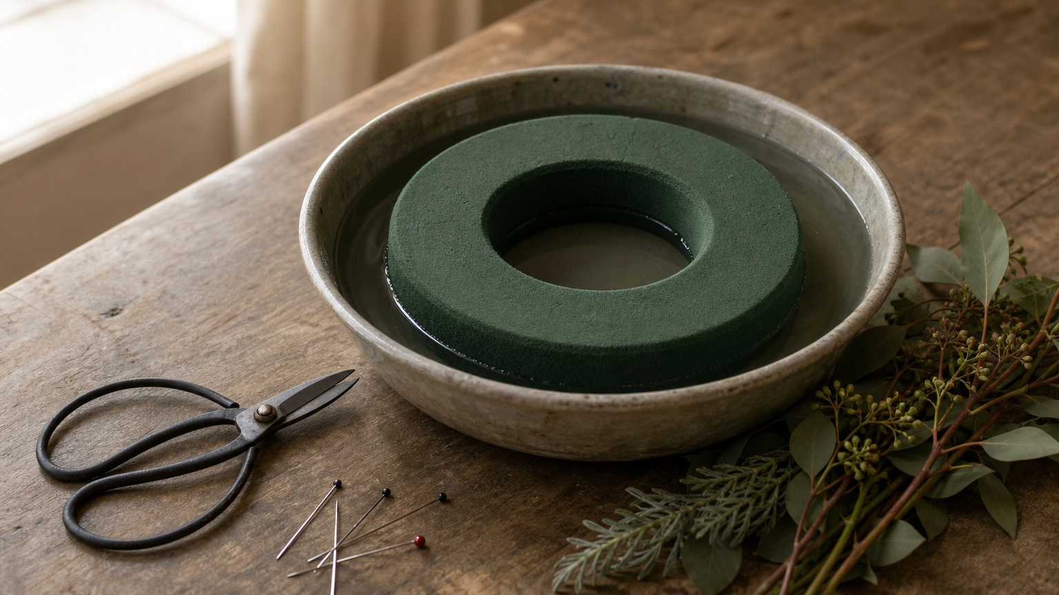 Funeral Wreath With Ribbon A floral foam ring soaking in a shallow basin, with shears, pins and greenery stems beside it.