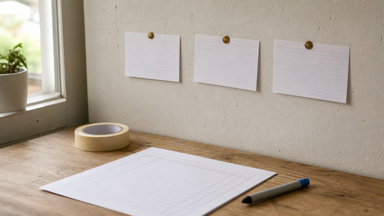 Index cards pinned in a row on a project wall, with a marker pen and tape nearby.