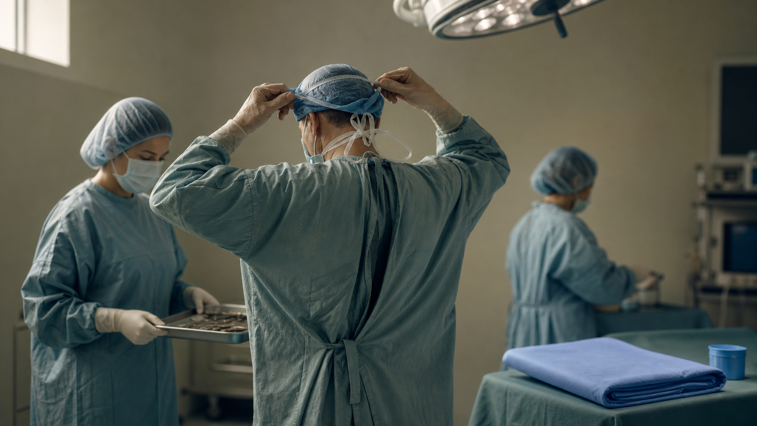Three members of a surgical team prepare in an operating room with instruments and a folded sterile drape nearby.