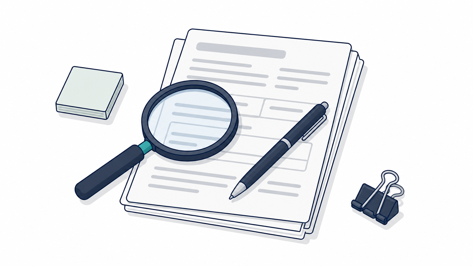 A magnifying glass rests on a stack of paper claim forms with a pen across the top.