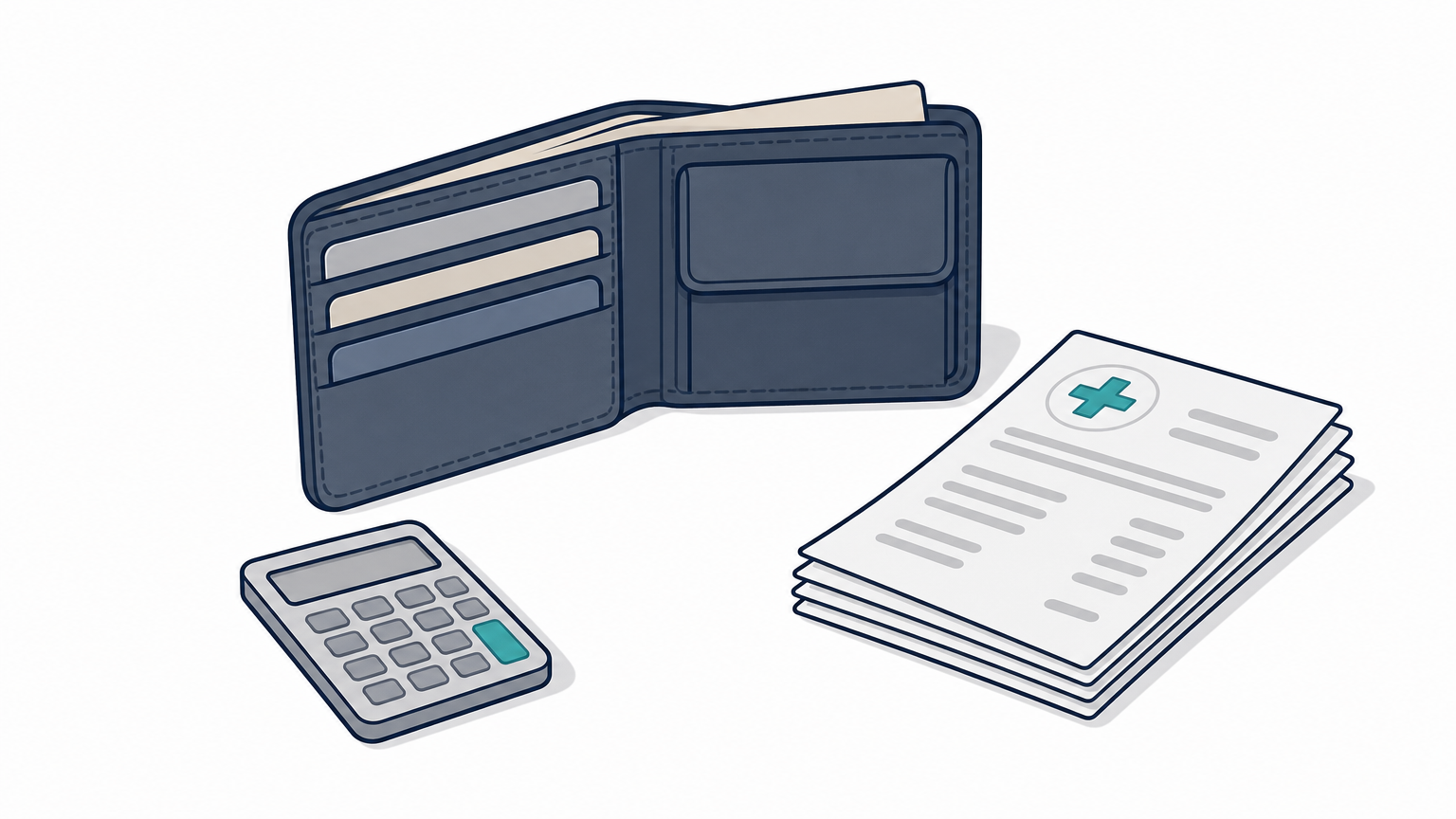 An open wallet sits beside a stack of medical bills and a calculator on a desk.