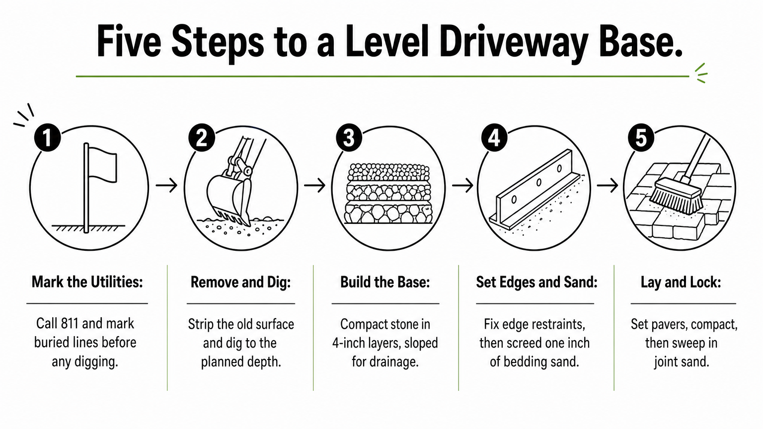 A five-step process diagram showing how a crew marks utilities, digs, builds the base, sets edges and sand, and locks the pavers.