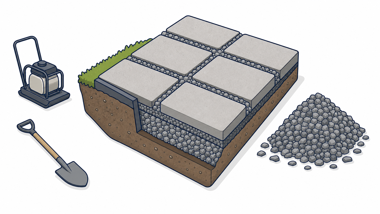A cutaway of permeable pavers with wide stone-filled joints above a trench of open-graded base stone.