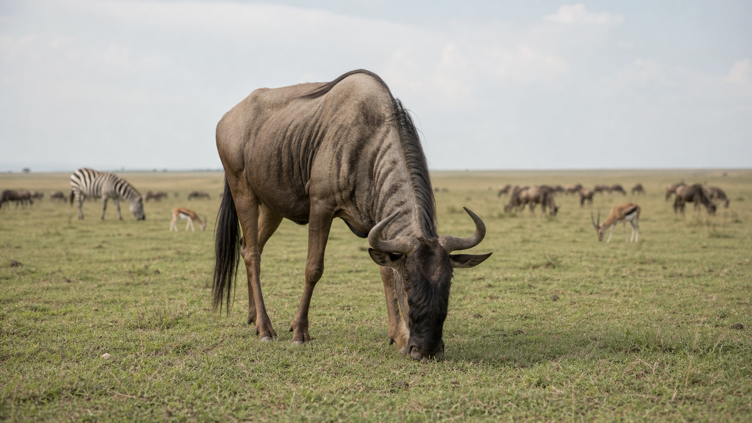 Wildebeest graze on short grass across open plains, with zebra and gazelles nearby.