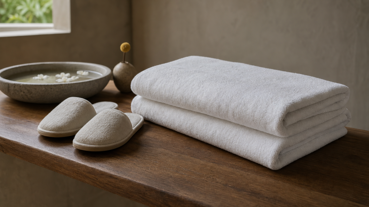 A folded towel stack, slippers and a stone bowl with floating petals rest on a wooden ledge.