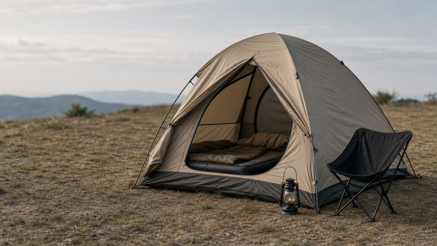 7 Okavango Delta Safari Camps Compared: Where to Stay A dome tent stands on open ground beside a folding chair and a lantern at dusk.