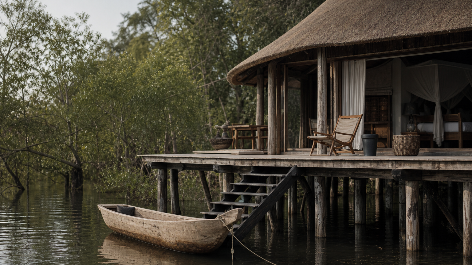 7 Okavango Delta Safari Camps Compared: Where to Stay A raised wooden suite with a private deck stands among tall trees beside a tied canoe.