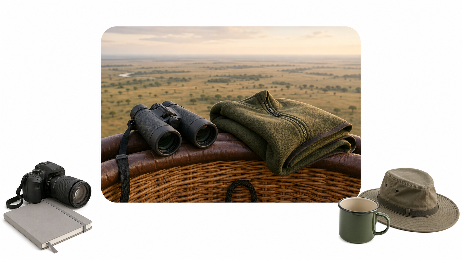 Binoculars and a folded fleece rest on the rim of a wicker balloon basket above a wide plain.