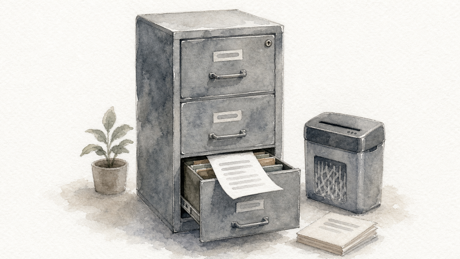 A locked filing cabinet with a single photocopied sheet sliding out of a drawer, beside a paper shredder.
