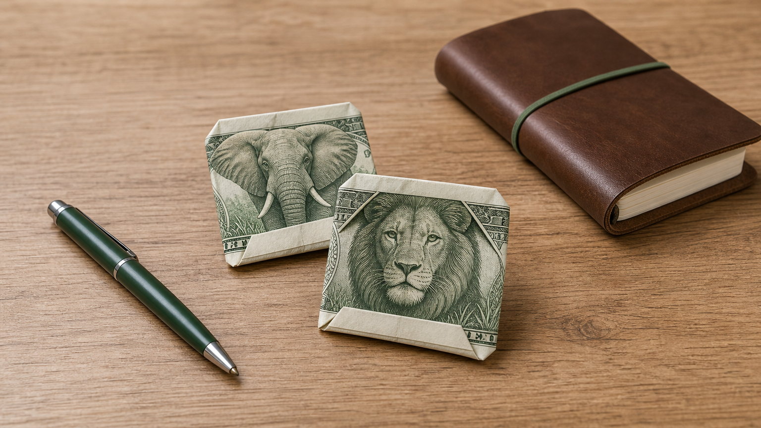 Two folded dollar notes sit on a wooden table next to a notebook and pen.