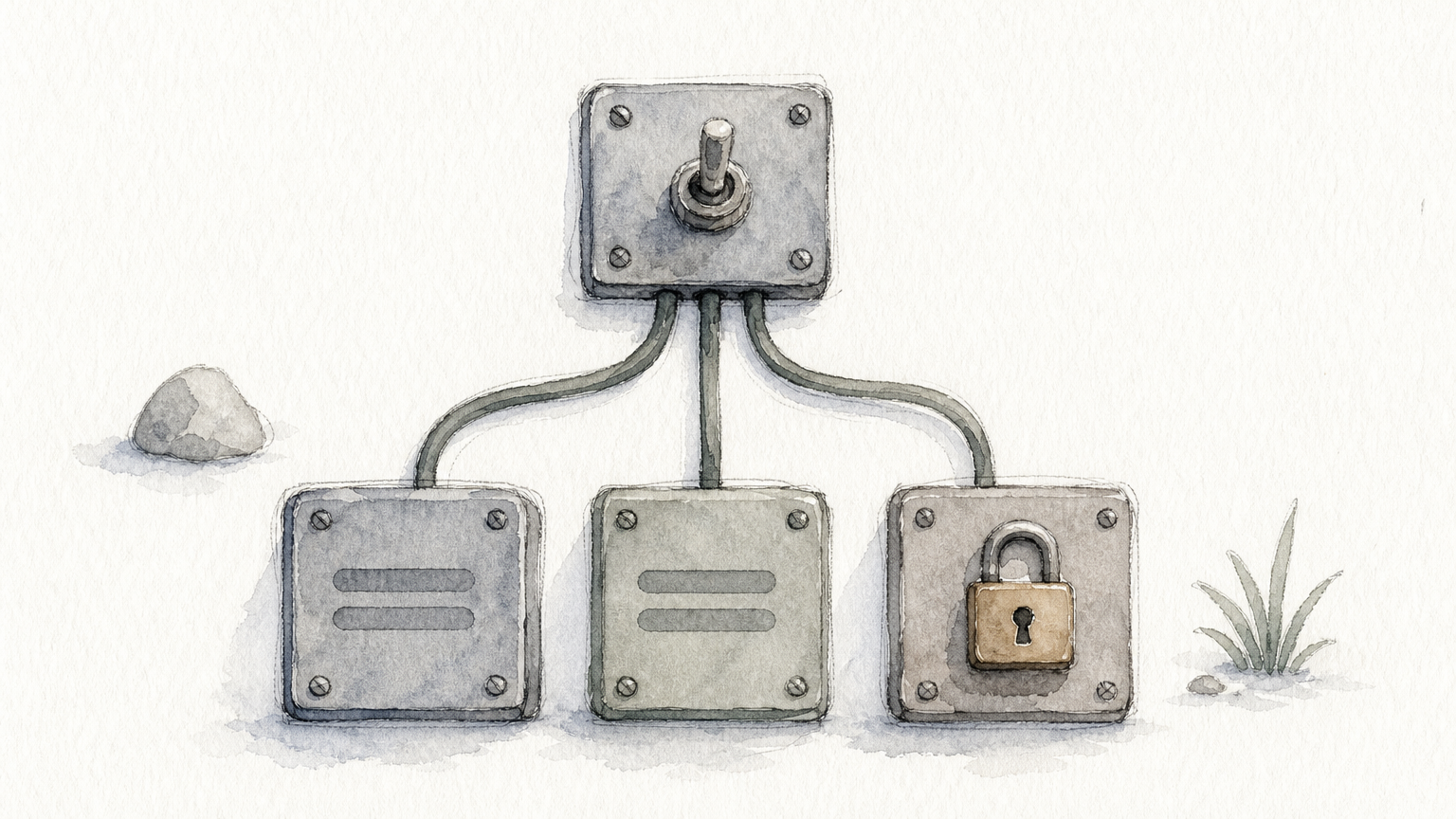 A toggle switch on a panel with three cables leading to separate boxes, one marked with a padlock.