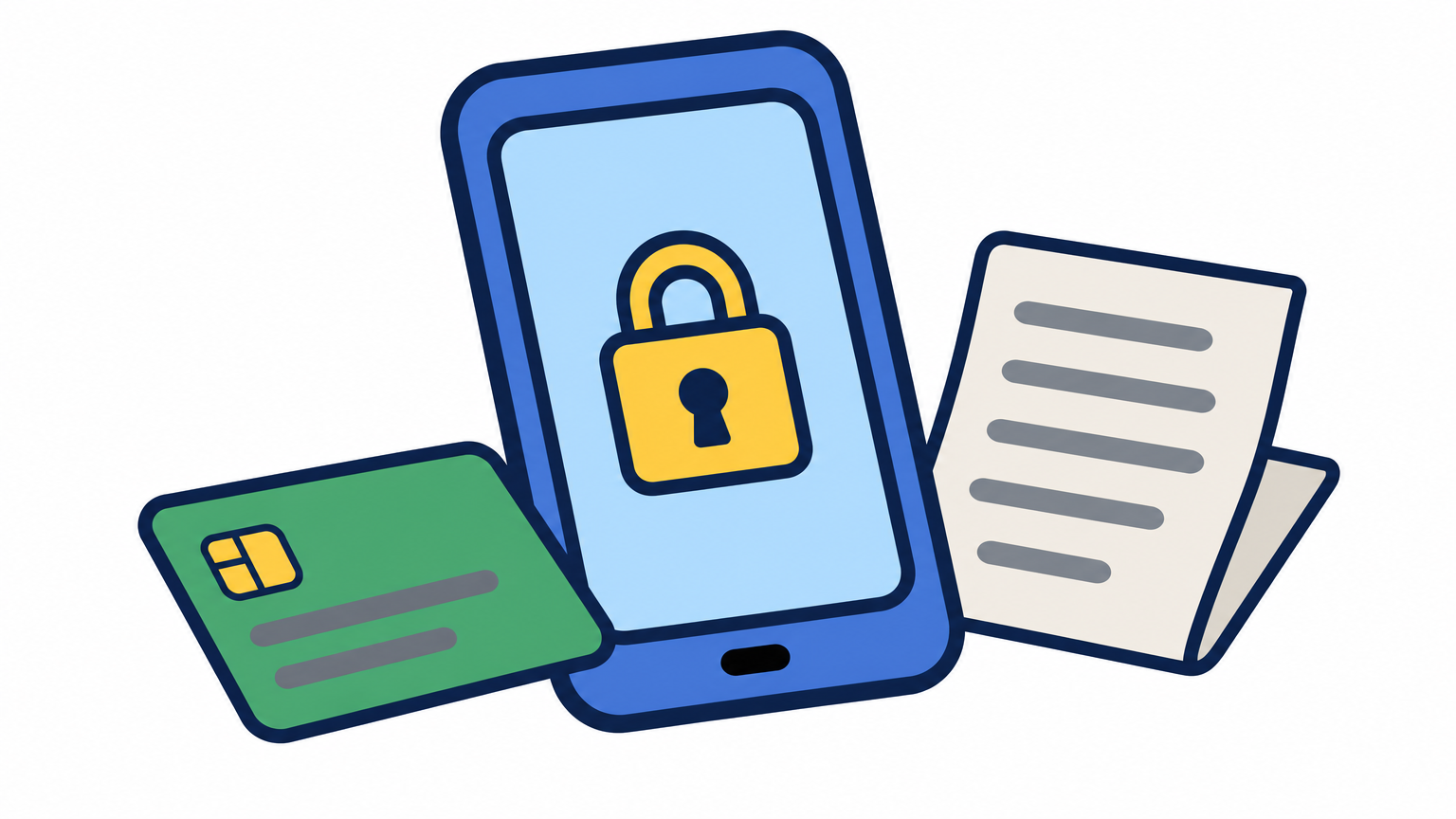 A smartphone with a padlock icon lies beside a bank card and a folded receipt.