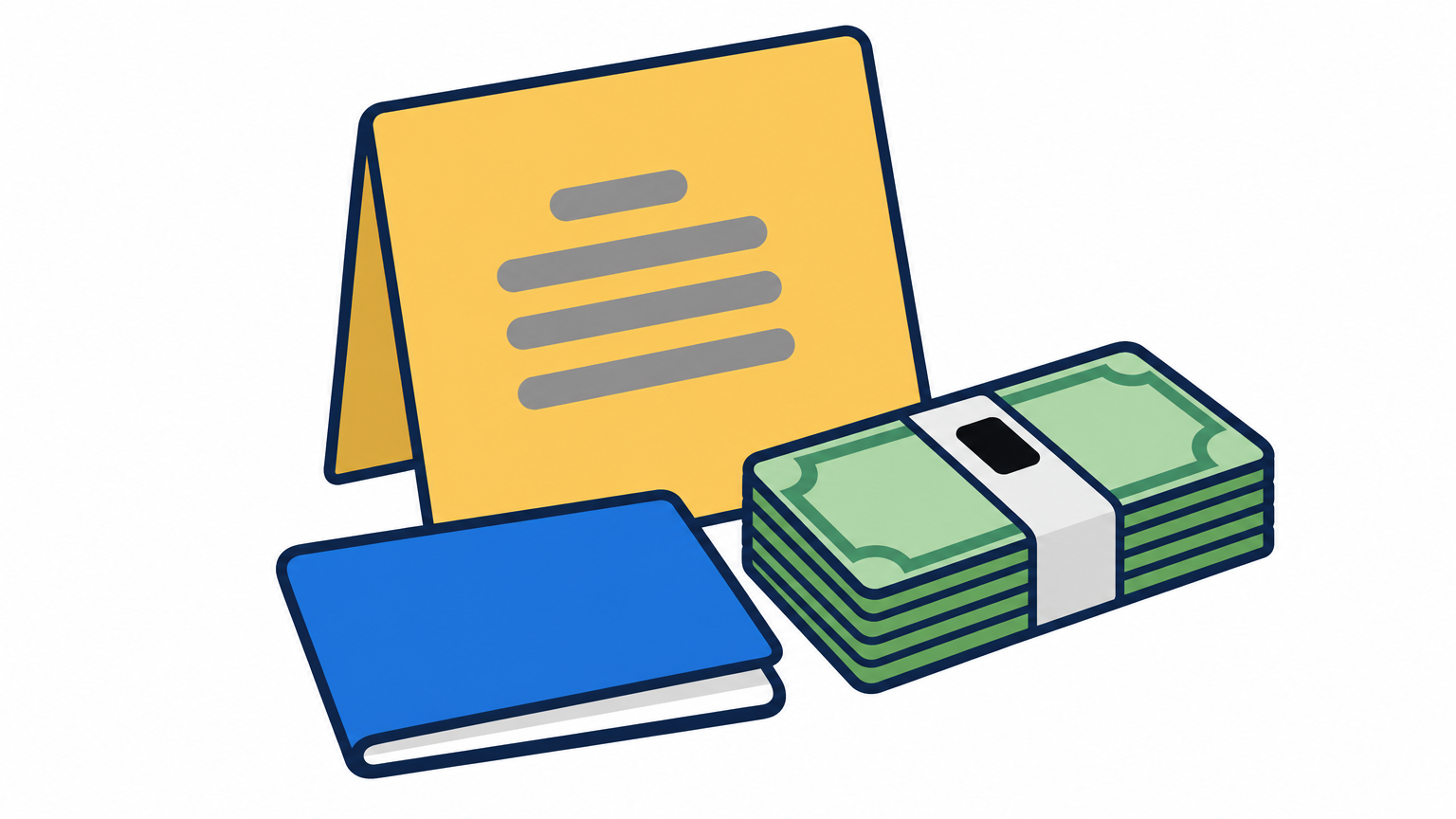 A folded trade license lies beside a bank passbook and a stack of Bangladeshi taka notes.