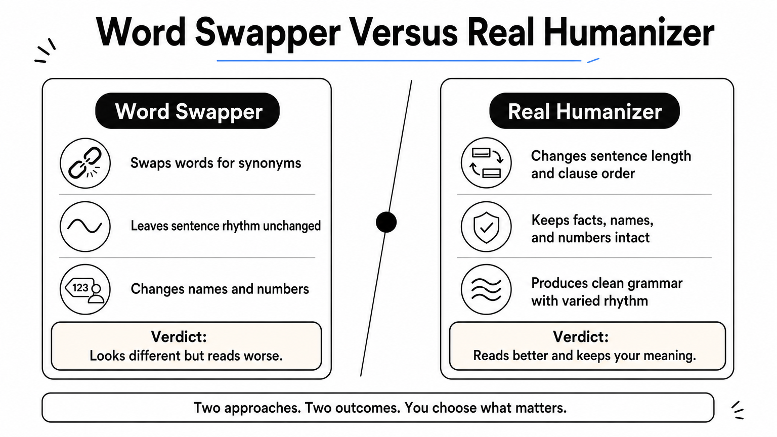 A side-by-side comparison of a word swapper and a real humanizer, with three points and a verdict for each.