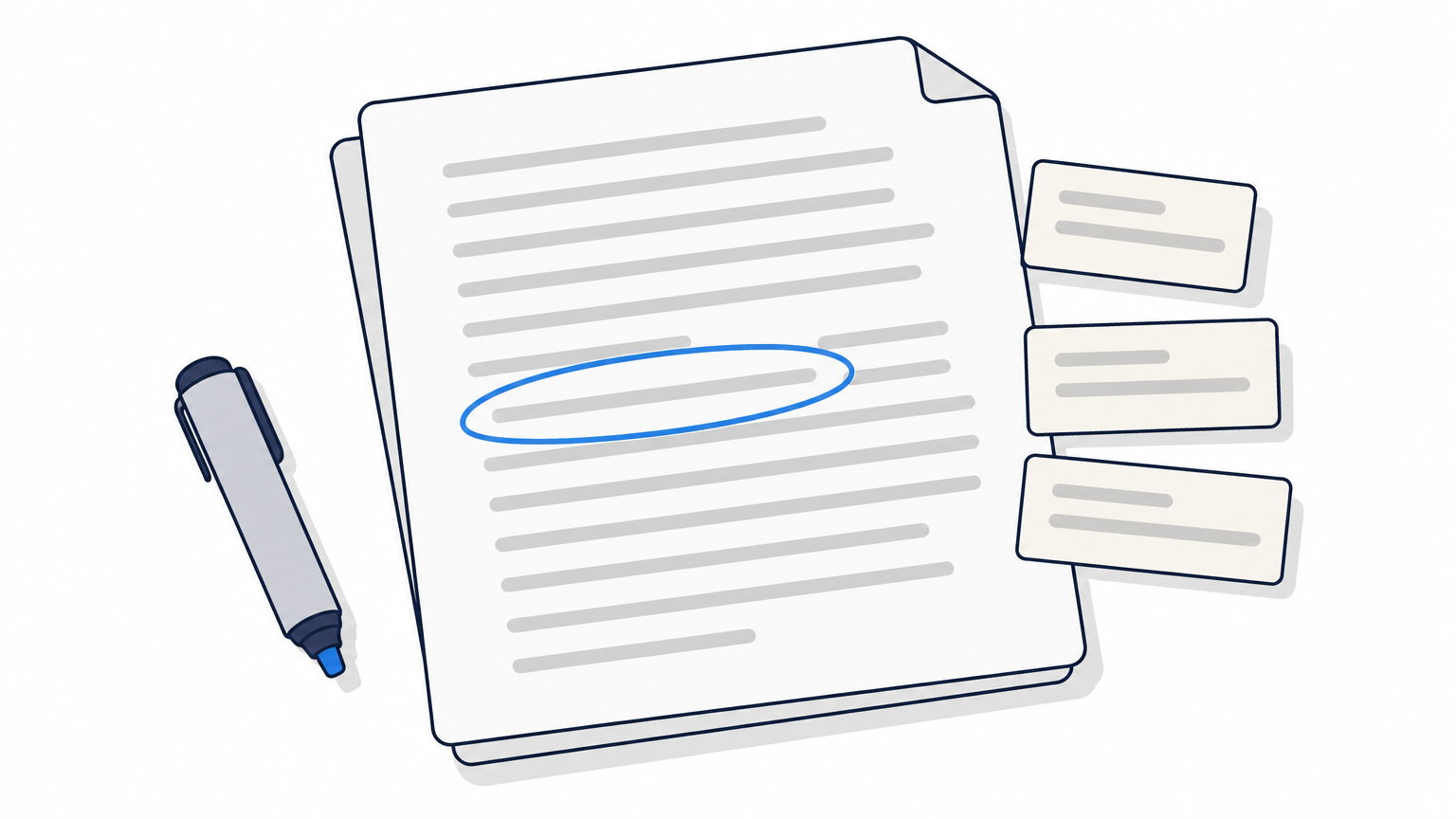 A manuscript page with one circled sentence and small paper strips offering alternative wordings beside it.