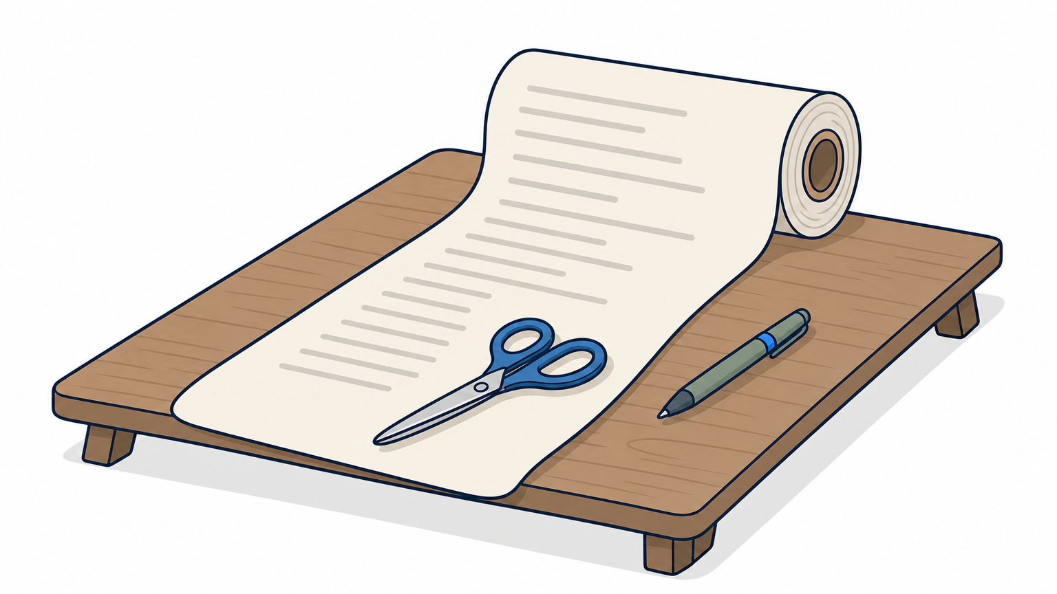 A long roll of paper unspooling across a table, with scissors and a pen resting beside it.