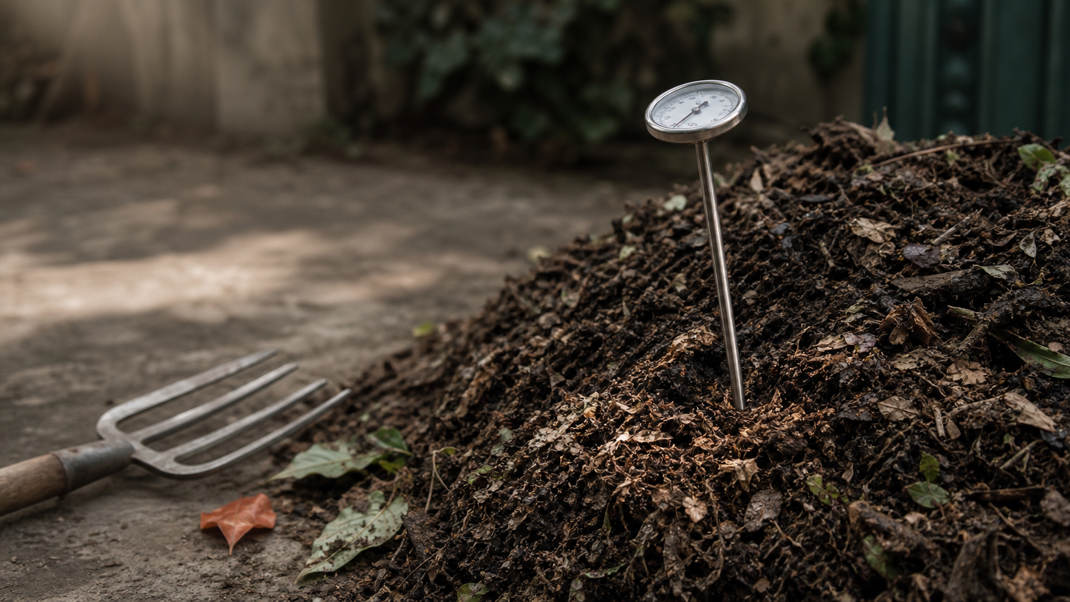 A 16-inch stainless steel thermometer stands upright in a backyard compost heap beside a garden fork.