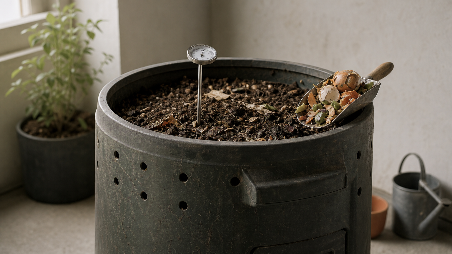 A 12-inch dial thermometer is inserted into the top of a compost bin beside a scoop of scraps.