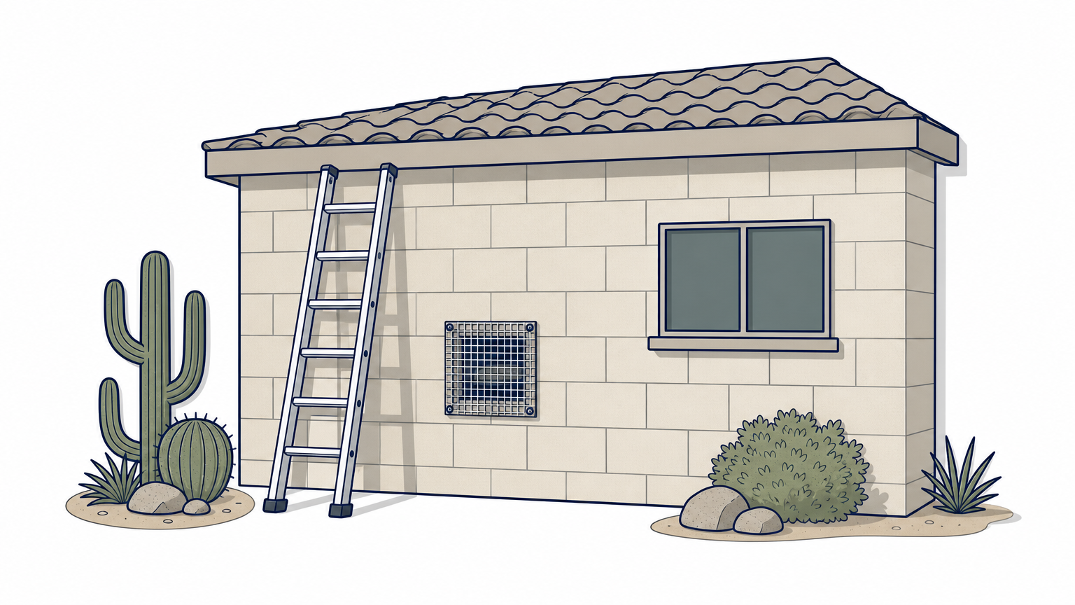 A ladder leans against a block wall beside a new hardware cloth patch covering a vent opening.