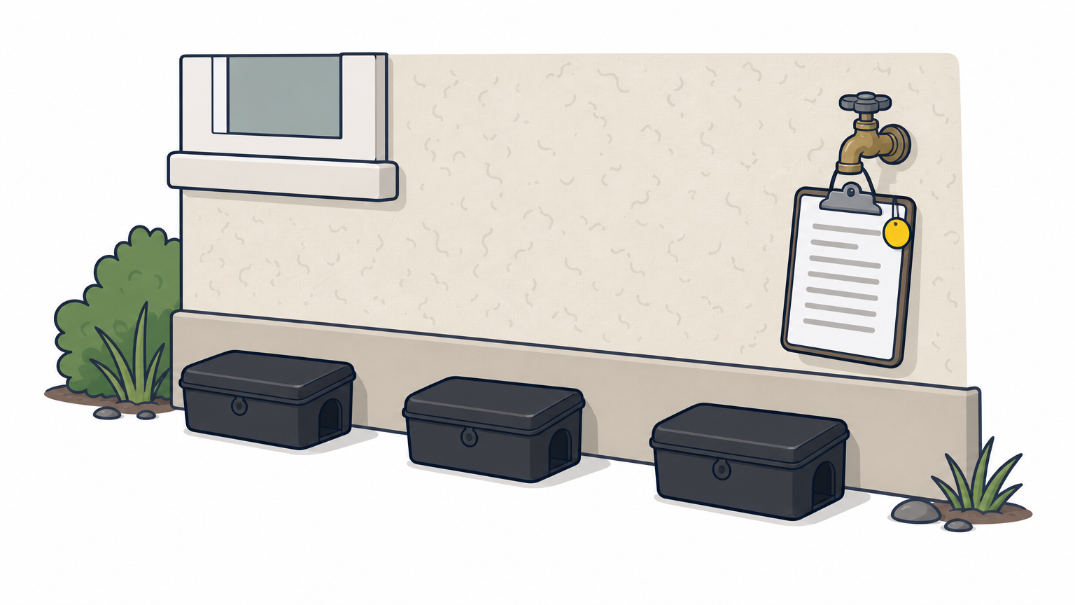 Three black bait stations sit along the base of a stucco wall with a clipboard hanging nearby.