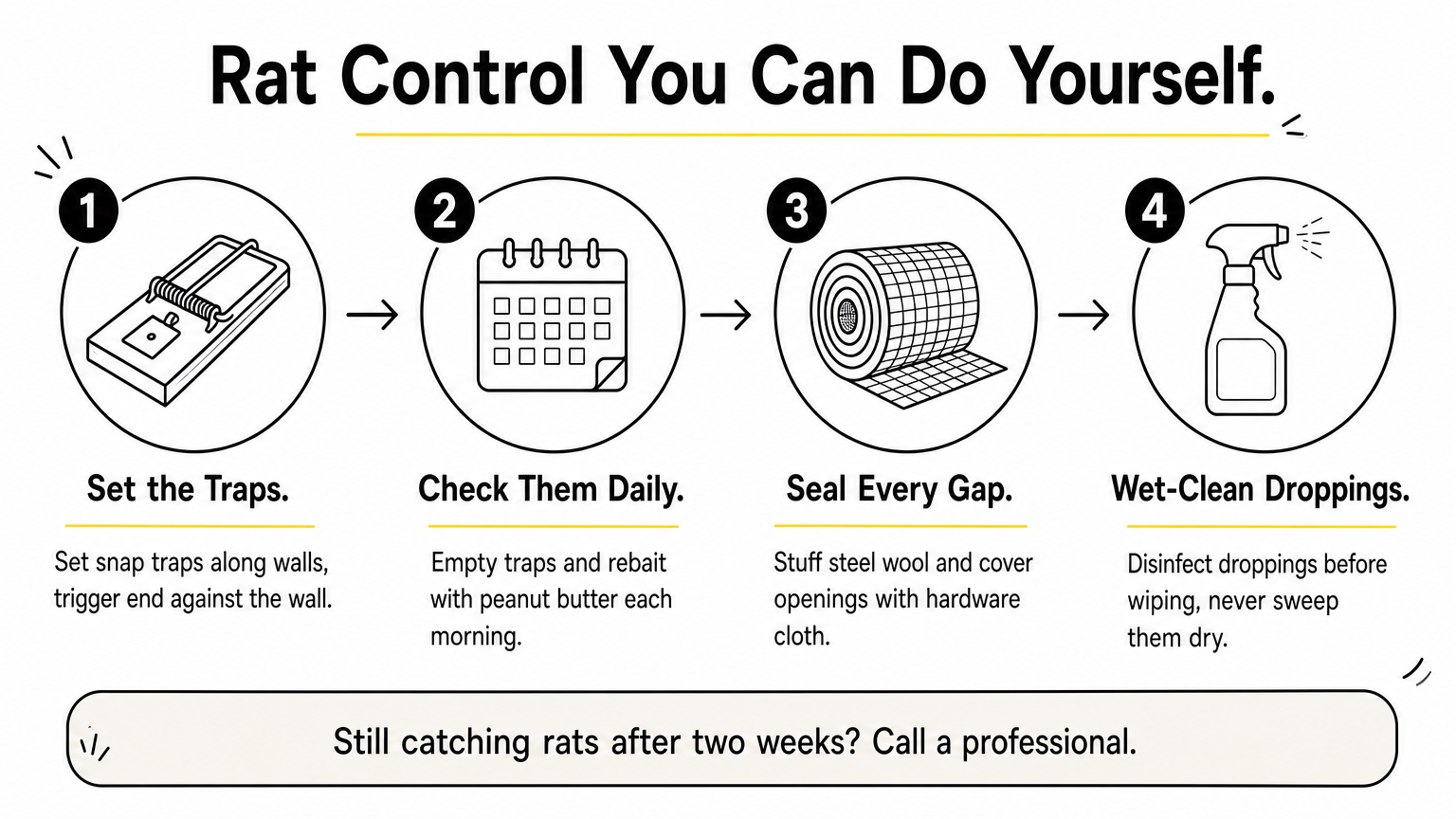 A four-step process diagram showing how to set traps, check them, seal gaps, and clean droppings.