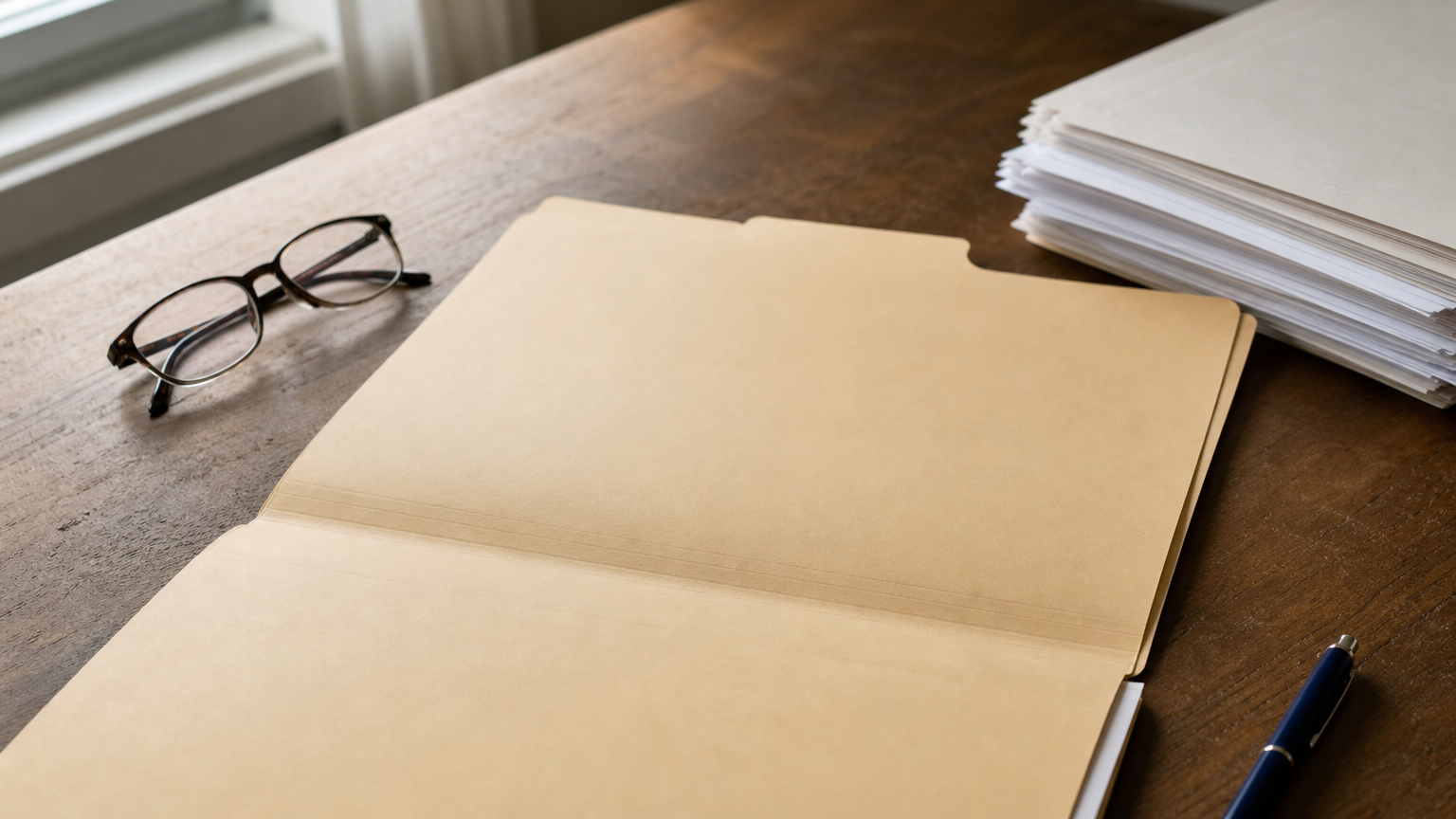 An open manila tax folder with reading glasses and a stack of printed forms on a desk.