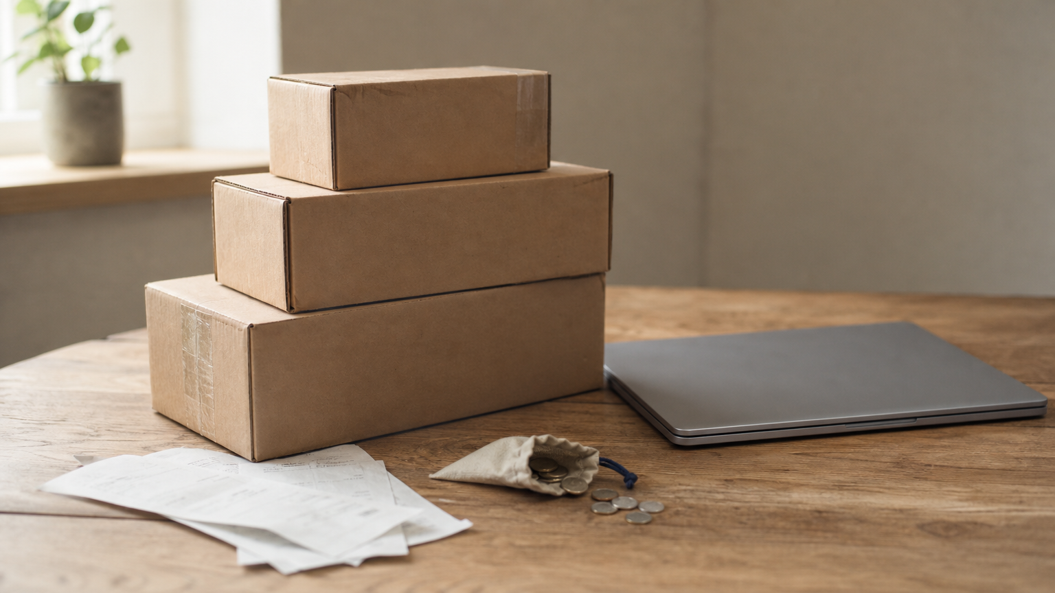 Cardboard shipping boxes, a laptop, loose receipts, and a coin pouch arranged on a desk.