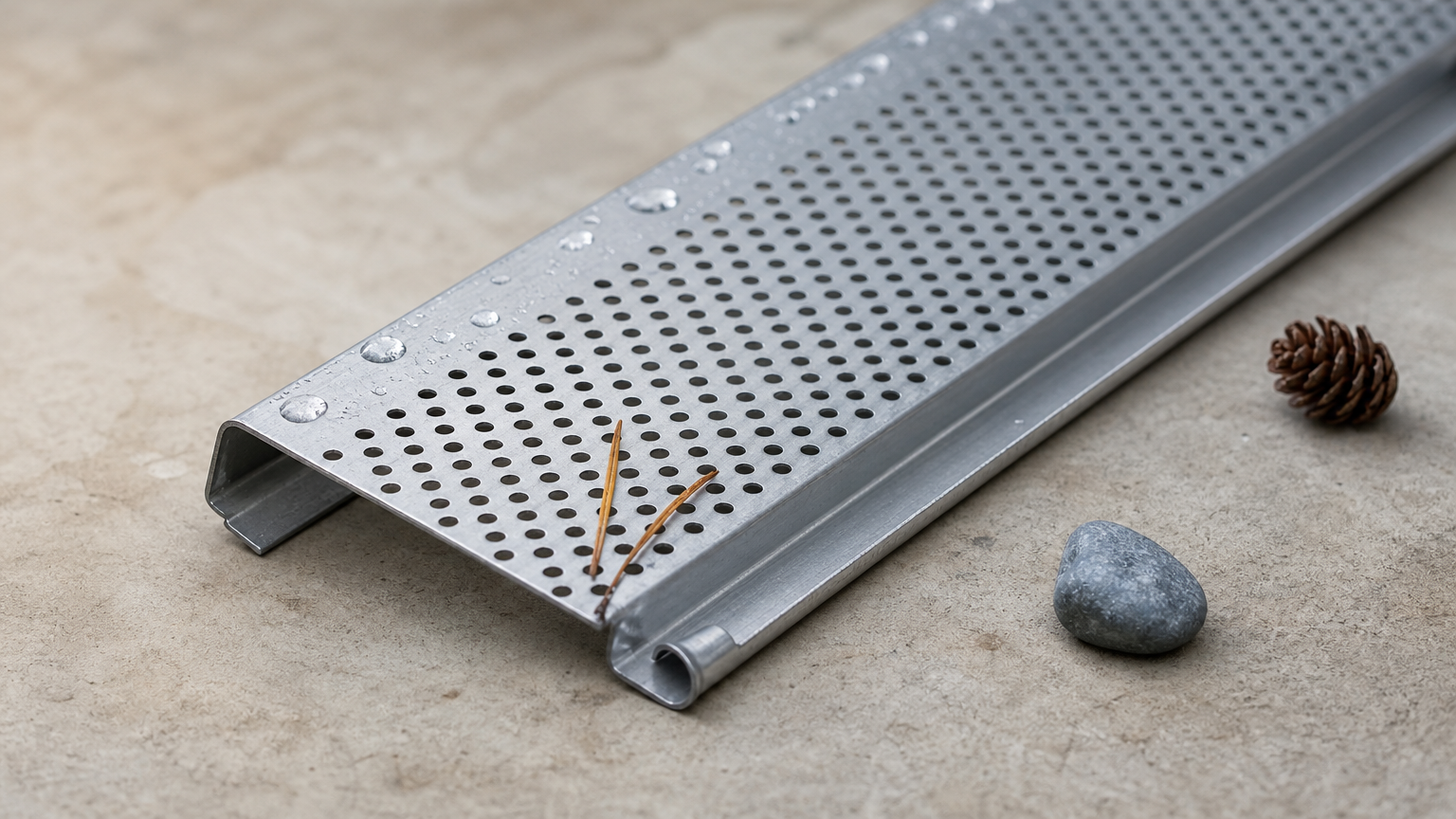A rigid perforated aluminum gutter guard with a curled front edge holds a few pine needles and water drops.