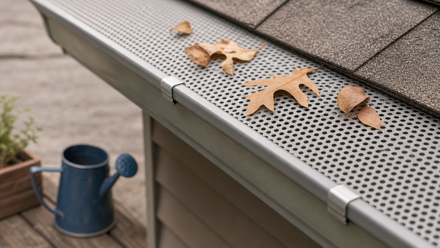 A rigid aluminum screen with larger holes is clipped onto a gutter lip, with leaves resting on it.