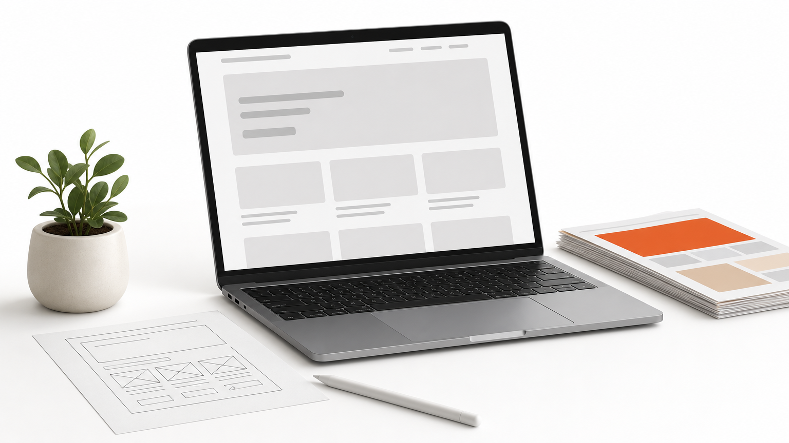 A laptop displaying a website layout beside a paper wireframe, a stylus, and a stack of page mockups on a desk.